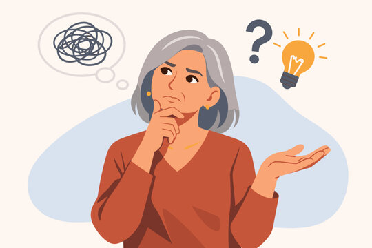 Mature Woman with Grey Hair Thinking and Contemplating a Problem with Thought Bubble Scribble, Question Mark, and Light Bulb Idea Icons, Simple Flat Vector Illustration for Decision Making