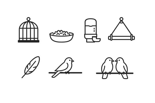 Minimalist Pet Bird Icon Set Featuring Cage, Seed Bowl, Water Dispenser, Hanging Perch, Feather, and Perched Birds. Black Line Art Vector Illustration for Aviary Care and Ornithology Design.