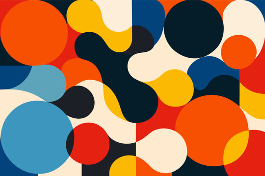 Abstract Bauhaus Geometric Pattern Background with Colorful Mosaic Circles and Metaball Fusion Shapes, Retro Mid-Century Modern Vector Illustration for Graphic Design, Posters, and Web Layouts