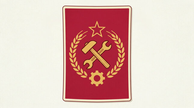 Vintage communist style emblem with crossed tools and laurel wreath