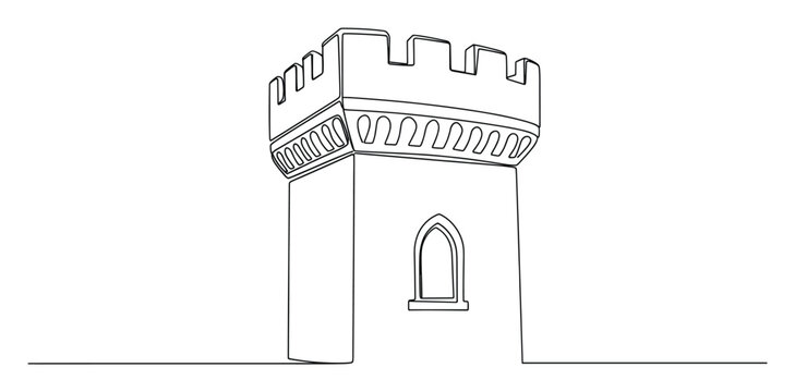 Continuous line drawing of a medieval castle tower with battlements and an arched window, perfect for historical architectural design projects and simple graphic resource applications.