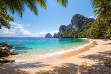 Fototapeta premium A serene beach with clear water and lush greenery under a blue sky.