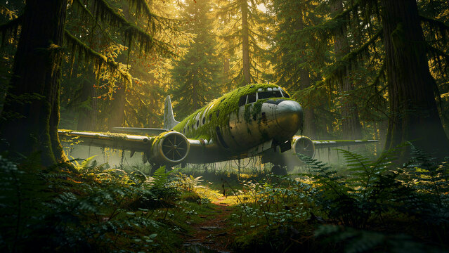 This vintage abandoned propeller airplane features a metallic silver fuselage heavily covered in thick green moss and tangled vines with intricate engineering details visible on its wings engines