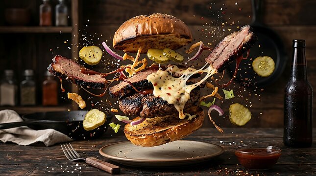 BBQ Burger Explosion with Flying Ingredients in Rustic Style
