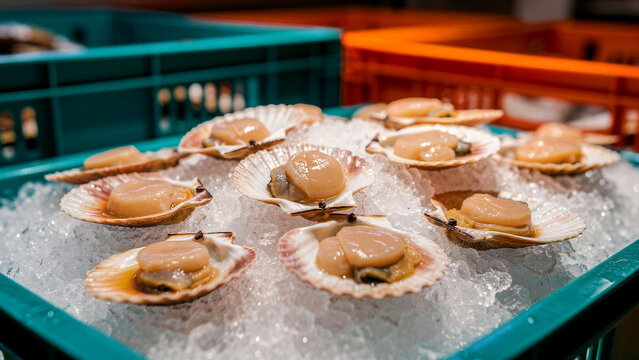 Fresh raw scallops arranged carefully on a bed of crushed ice display their smooth texture and natural organic colors while highlighting the premium quality of these delicious shellfish harvested