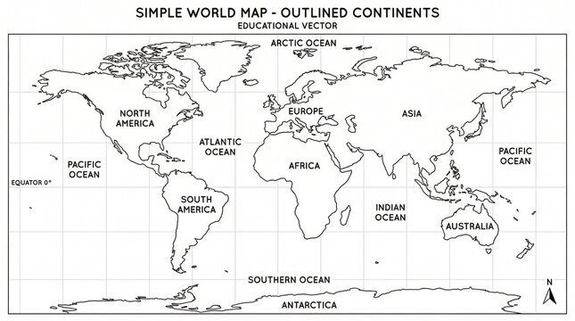 Simple world map outlined continents educational illustration