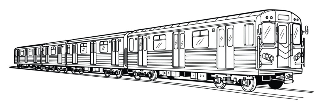 Detailed black and white outline of a multicar subway train on tracks, perfect for public transportation projects, urban planning, educational resources, and city life graphics.