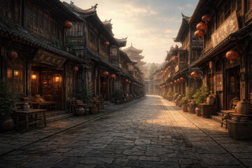 Fototapeta premium A serene ancient street lined with traditional wooden buildings and lanterns.