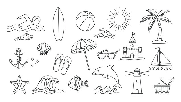 A delightful collection of outlined summer and beach themed icons, perfect for educational resources, creative projects, and vacationrelated graphic content.