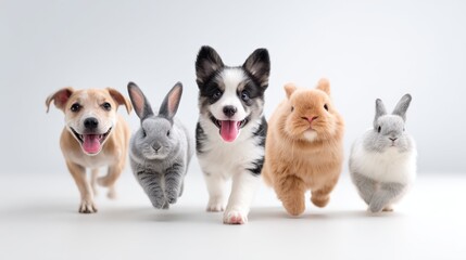 Fototapeta premium Group of playful dogs and rabbits running together on a light background, showcasing a variety of breeds and fur colors in a fun setting
