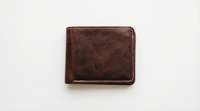 A classic brown bifold leather wallet with detailed stitching, presented in a top-down view isolated on a clean white background