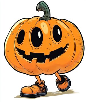 Playful three-eyed jack-o'-lantern pumpkin with carved smiling mouth, green stem and walking boots, cheerful and mischievous