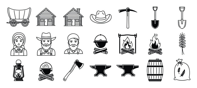 Collection of frontier and pioneer life line icons featuring covered wagon log cabin tools campfire people for historical graphics and adventure themed designs.