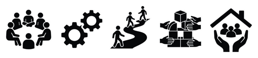 Naklejka premium Versatile icon collection symbolizing teamwork, efficient processes, shared journey, collective building, and community support, ideal for business, social, and educational content.