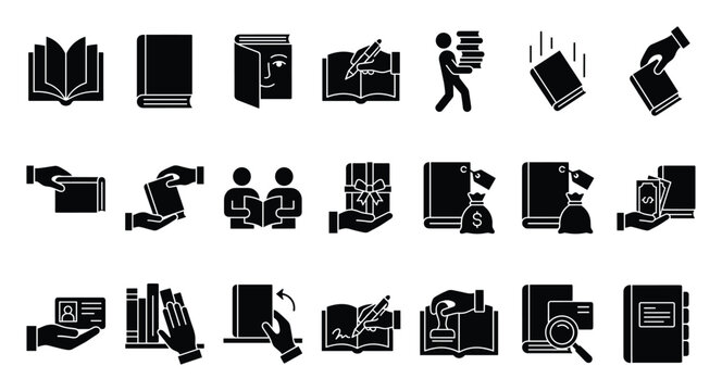 Comprehensive set of black glyph book icons representing diverse reading, learning, writing, purchasing, and libraryrelated activities, ideal for educational apps and publishing websites.