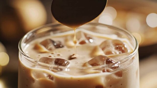 close up of creamy iced coffee being poured from a spoon into a glass with ice cubes