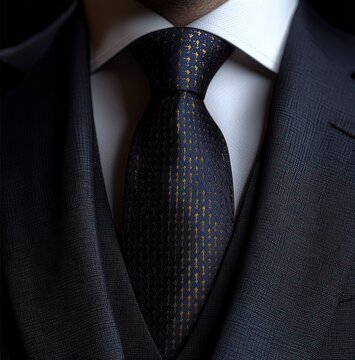 Close-up of elegant dark textured three-piece suit with white dress shirt and patterned navy tie conveying professionalism and confidence