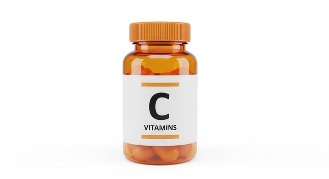 Amber bottle of Vitamin C capsules promoting daily health and immunity boost Essential dietary