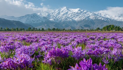 Fototapeta premium A vibrant field of purple crocus flowers blooms in the foreground, with majestic snow-capped mountains rising in the distance.