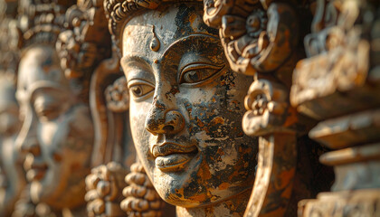 Obraz premium Close up of ancient stone sculptures with detailed facial features and textures
