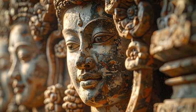 Close up of ancient stone sculptures with detailed facial features and textures