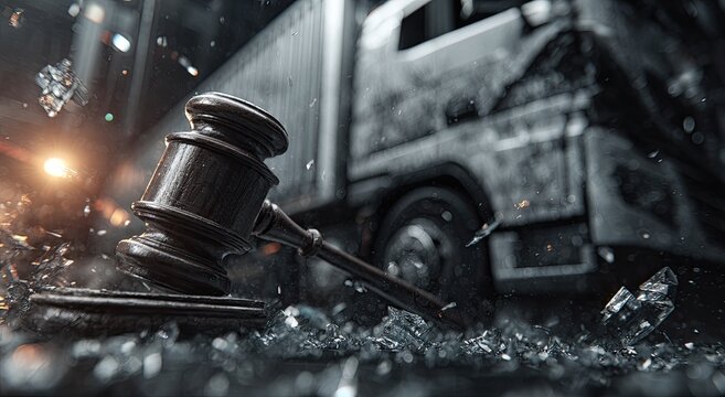 A gavel lies amidst shattered glass with a blurred truck in the background, symbolizing legal consequences and transportation incidents.
