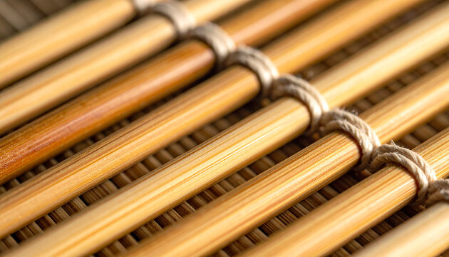 Close up of bamboo mat with tied strips texture and natural details