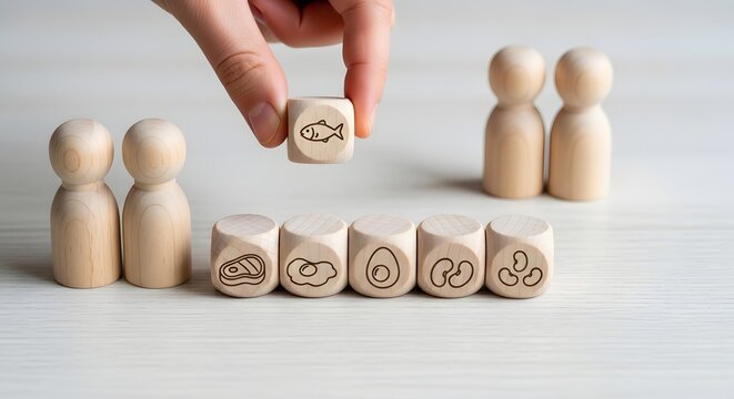 Hand carefully selecting a fish food option from a diverse row of wooden diet cubes, symbolizing mindful eating, personalized nutrition planning, and healthy lifestyle choices for individuals