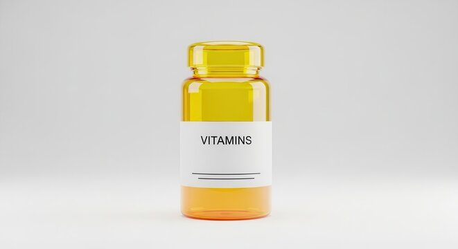 Amber translucent bottle prominently displaying 'VITAMINS' label for daily health and essential