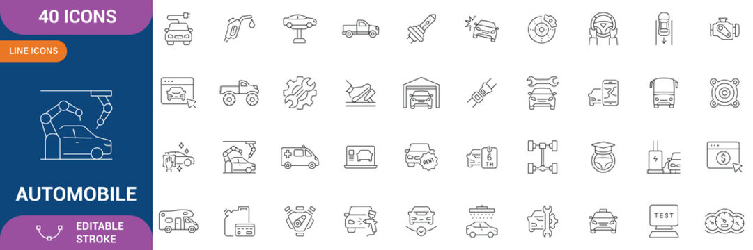 Automobile Icon Set. Containing Car, Vehicle, Auto, Car Parts, Engine, Transport, Garage, Repair, Tire and More. Line Icon. Editable Stroke. Vector Illustration
