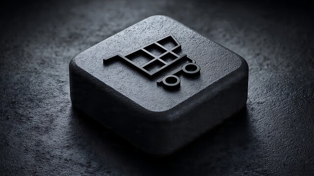Shopping cart icon on a black textured square button lies on a dark moody surface representing online retail digital commerce and modern ecommerce sales solutions