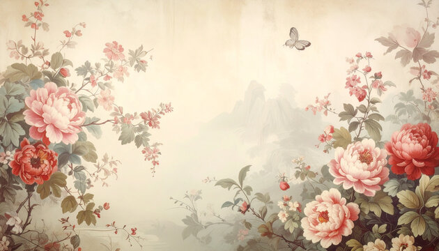 Elegant floral artwork featuring peonies and a butterfly on a vintage background
