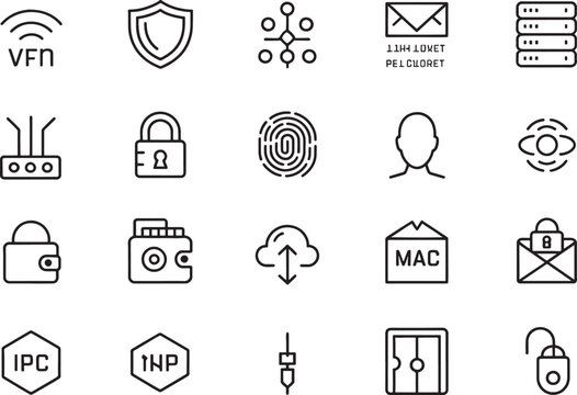 This comprehensive collection features a variety of essential line icons representing cybersecurity, networking, and data protection concepts, perfect for digital design projects.