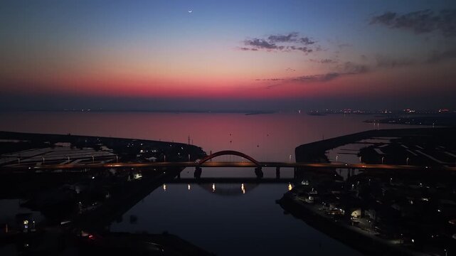 aerial view bridge and lake at sunset