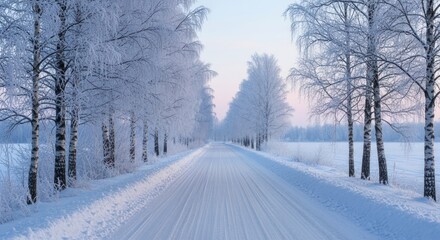 Fototapeta premium Winter Wonderland - A Snowy Road Lined with Frost-Covered Trees.
