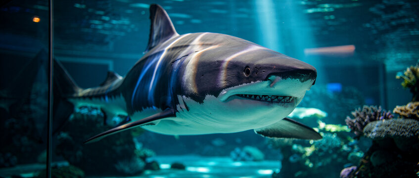 A magnificent and imposing shark, displaying its formidable rows of sharp teeth and distinctive dark, iridescent blue stripes, swims gracefully through the brightly lit water, captured in a