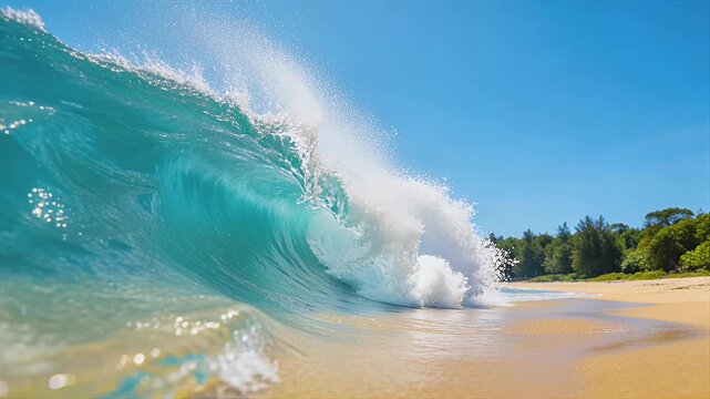 wave curling turquoise ocean near sandy beach under blue sky