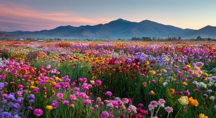 Fototapeta premium A vibrant field of colorful wildflowers stretches across a valley, framed by majestic mountains under a soft, pastel-colored sky at dawn.