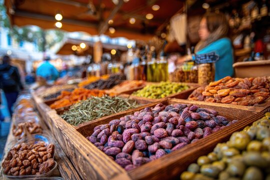 A vibrant display of dried fruits, nuts, and olives fills wooden trays at a bustling outdoor market, showcasing a colorful array of culinary delights.