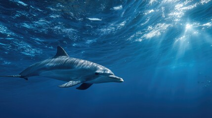 Naklejka premium Dolphin gliding underwater with sunlight beams symbolizing growth and expanding horizons in business and career development