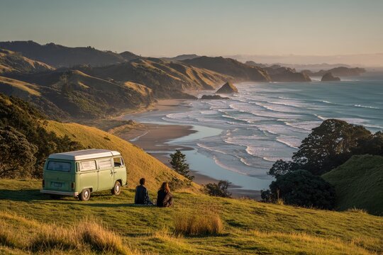 A vintage camper van overlooks a stunning coastal landscape at sunset, with two figures enjoying the view.