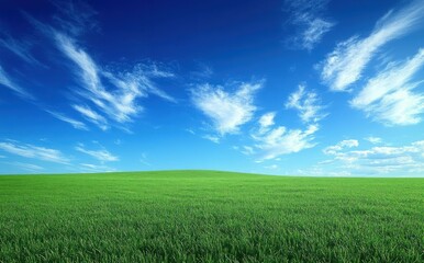 Fototapeta premium Vast green meadow and gentle rolling hill beneath a bright blue sky with wispy white clouds, evoking calm peacefulness and open airy freedom