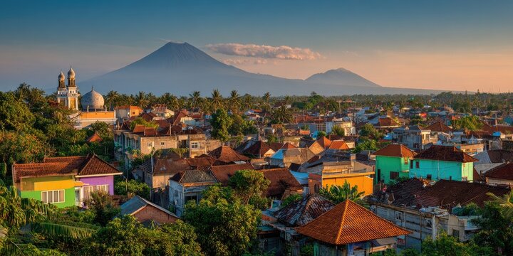 A vibrant Indonesian town sprawls beneath the majestic silhouette of a volcanic mountain at sunset.