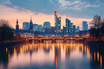 Fototapeta premium twilight city skyline with illuminated arched bridge over reflective river, modern skyscrapers and church spires, calm golden evening cityscape