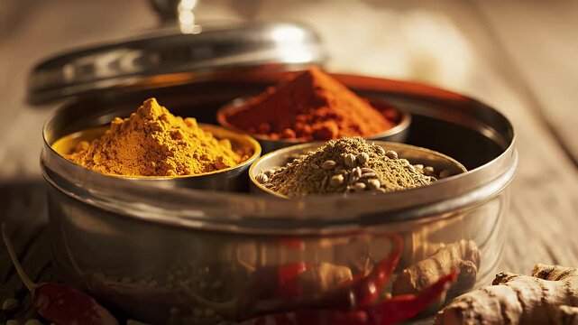 Close-up of assorted spice powders in small bowls within a stainless steel container on a rustic wooden surface with warm tones.