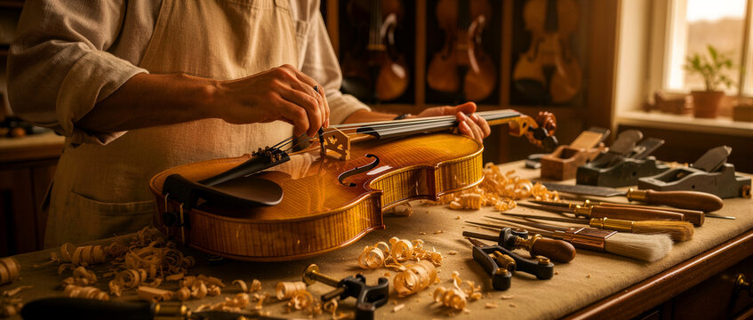 A skilled luthier carefully adjusts the bridge of a beautiful handcrafted wooden violin with precision tools to ensure perfect sound quality and tone for an experienced musician looking for a high