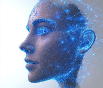 Partial digital wireframe human head profile with glowing blue network mesh and illuminated ear beside a soft gradient overlay, conveying a futuristic attentive listening mood