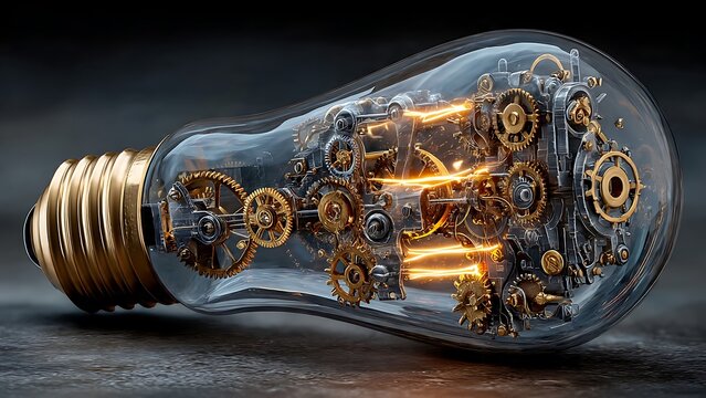 Light bulb gears mechanism and intricate clockwork inside a glass bulb lying on a dark surface representing complex engineering and innovative ideas