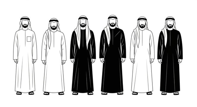 Traditional Arab Men in Various Thobes and Headwear Poses.