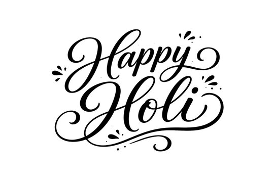 Happy Holi elegant hand lettering typography design in black script isolated on white background. Minimalist calligraphy for Indian festival of colors celebration, greeting card, and poster vector.